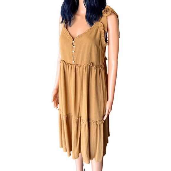 NWT Wishlist Apparel Beige Mustard Yellow Midi Dress Size Medium Cottagecore - Picture 4 of 7